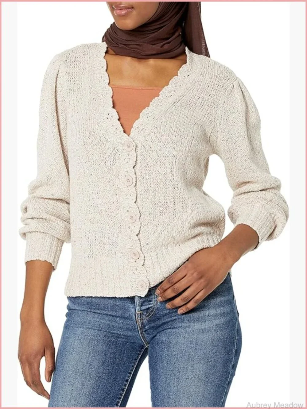 Scallop Neckline Puff Sleeve Cropped Cardigan